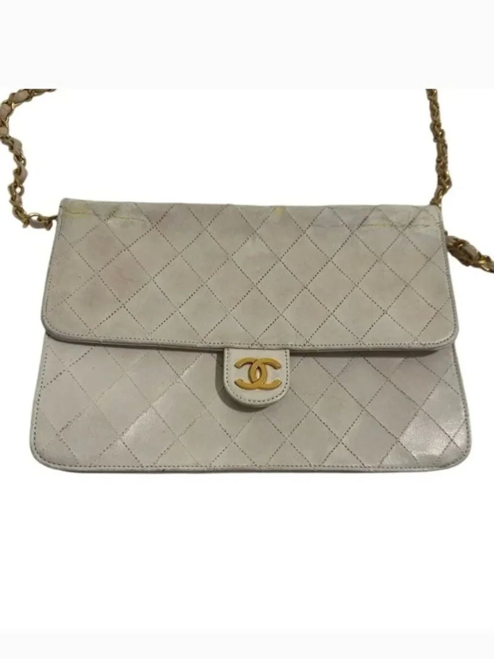 💯 Authentic Chanel Beige Quilted Shoulder Bag with Gold Chain w COA